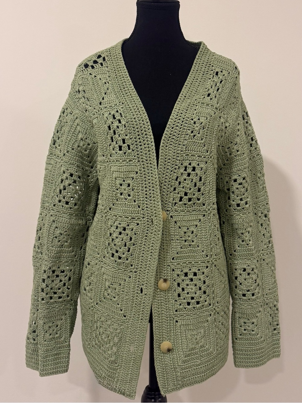 Vince Sage Green Crochet Button-Front Cardigan